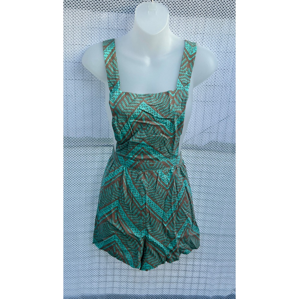 Rue21 Romper Size L Teal Brown Geometric Chevron Print Sleeveless Boho Y2K Era